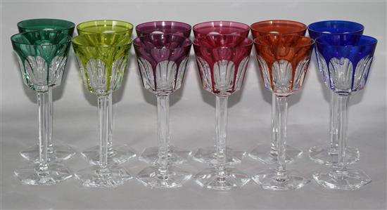 A harlequin set of twelve Baccarat coloured hock glasses